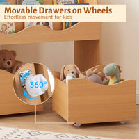 Kids Toy Storage Organizer, Wooden Montessori Bookshelf with 2 Rolling Drawers, Toddler Storage Cabinet