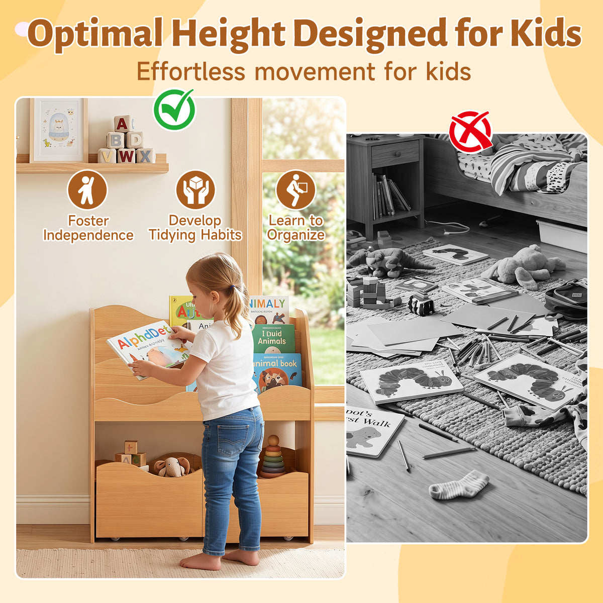 Kids Toy Storage Organizer, Wooden Montessori Bookshelf with 2 Rolling Drawers, Toddler Storage Cabinet