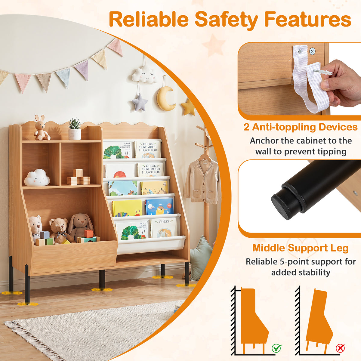Kids Bookshelf and Toy Storage Organizer with 5 Fabric Pockets and Metal Legs