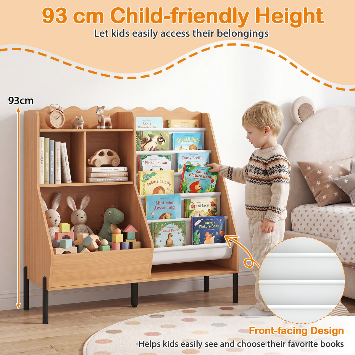 Kids Bookshelf and Toy Storage Organizer with 5 Fabric Pockets and Metal Legs