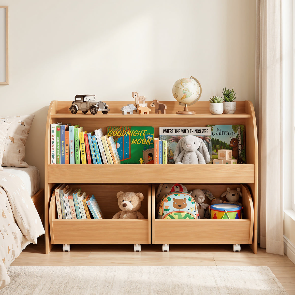 Kids Toy Storage Organizer, Toddler Wooden Montessori Toy Storage Shelf with 2 Rolling Drawers