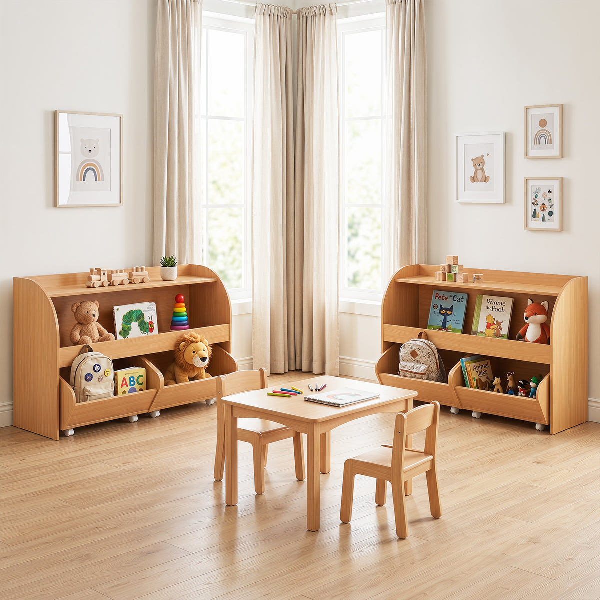 Kids Toy Storage Organizer, Toddler Wooden Montessori Toy Storage Shelf with 2 Rolling Drawers