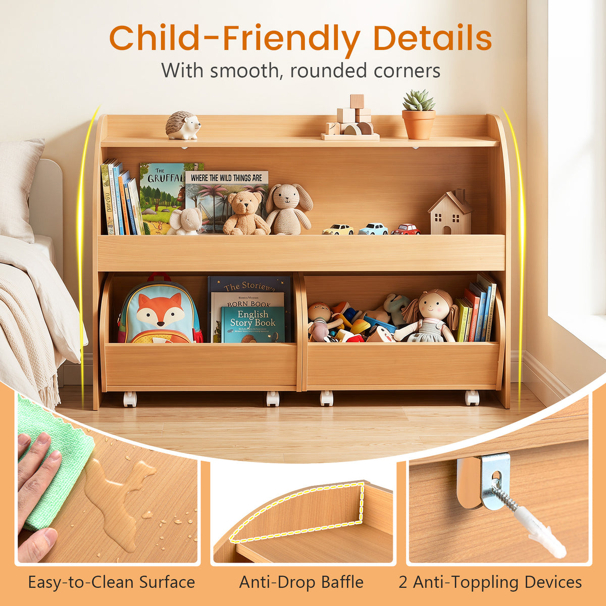Kids Toy Storage Organizer, Toddler Wooden Montessori Toy Storage Shelf with 2 Rolling Drawers