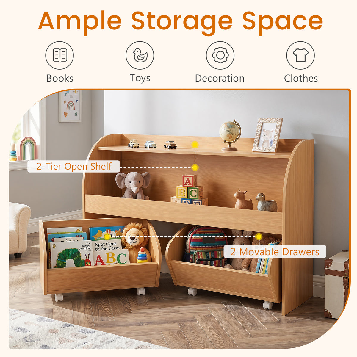 Kids Toy Storage Organizer, Toddler Wooden Montessori Toy Storage Shelf with 2 Rolling Drawers
