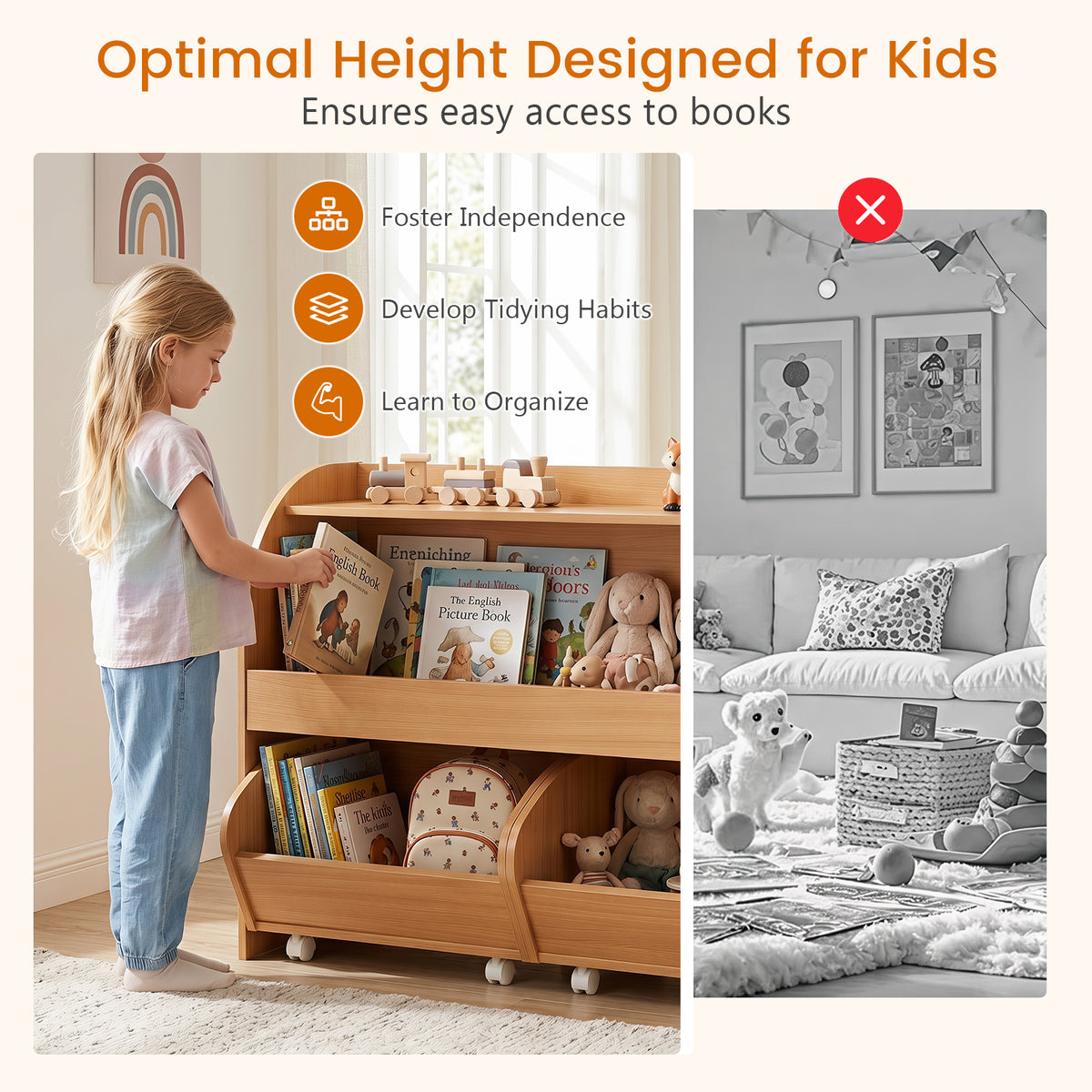 Kids Toy Storage Organizer, Toddler Wooden Montessori Toy Storage Shelf with 2 Rolling Drawers