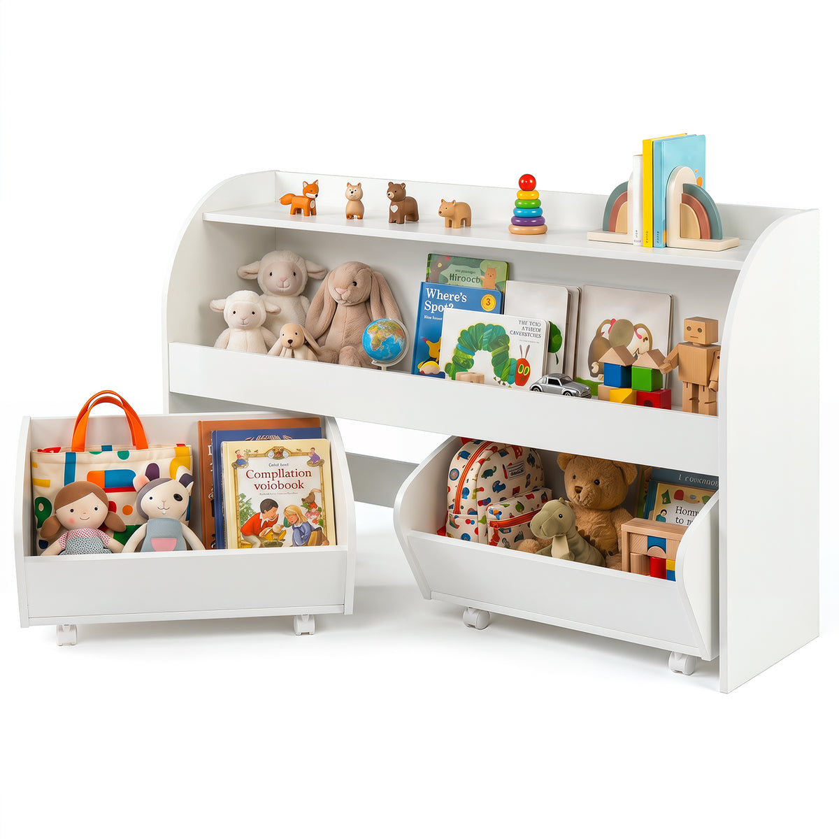 Kids Toy Storage Organizer, Toddler Wooden Montessori Toy Storage Shelf with 2 Rolling Drawers