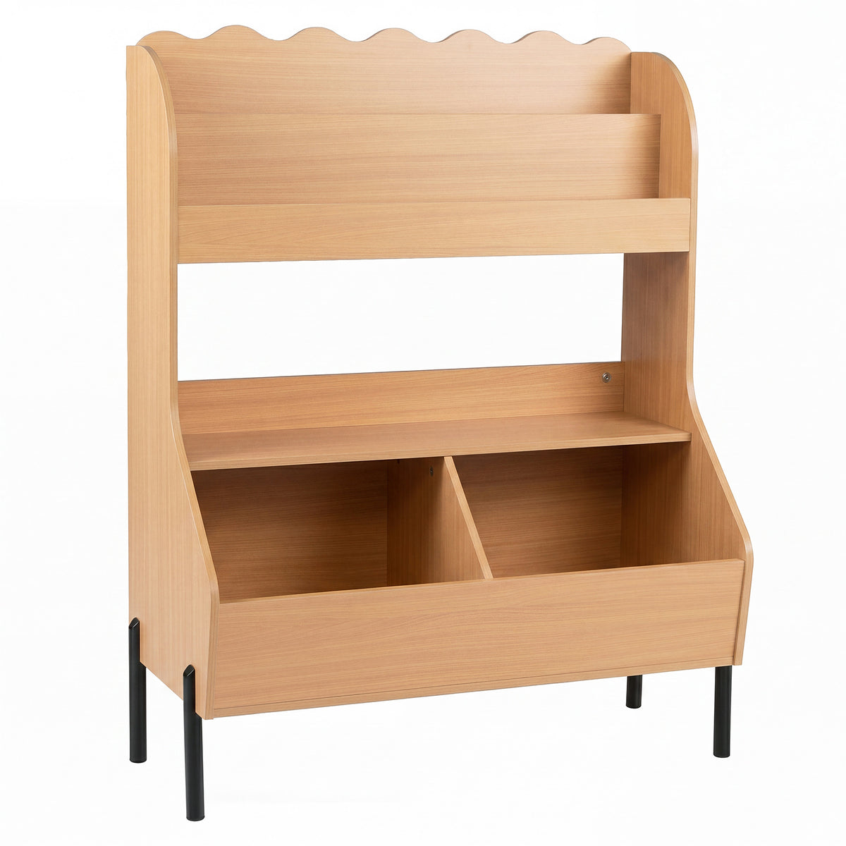 Kids Toy Storage Organizer, Wooden Montessori Bookshelf with 2 Storage Bins and Open Shelf