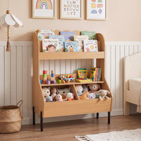 Kids Toy Storage Organizer, Wooden Montessori Bookshelf with 2 Storage Bins and Open Shelf