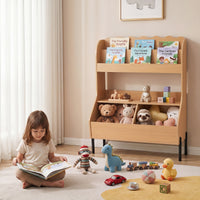 Kids Toy Storage Organizer, Wooden Montessori Bookshelf with 2 Storage Bins and Open Shelf