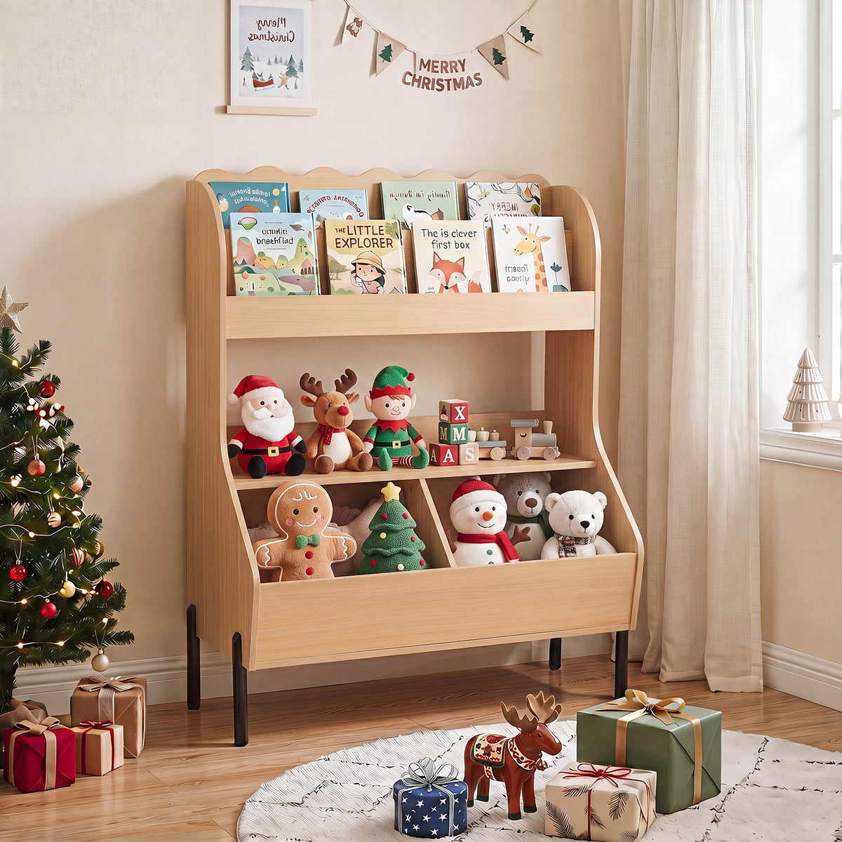 Kids Toy Storage Organizer, Wooden Montessori Bookshelf with 2 Storage Bins and Open Shelf