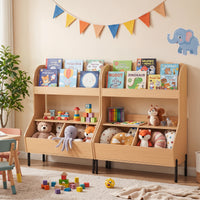 Kids Toy Storage Organizer, Wooden Montessori Bookshelf with 2 Storage Bins and Open Shelf
