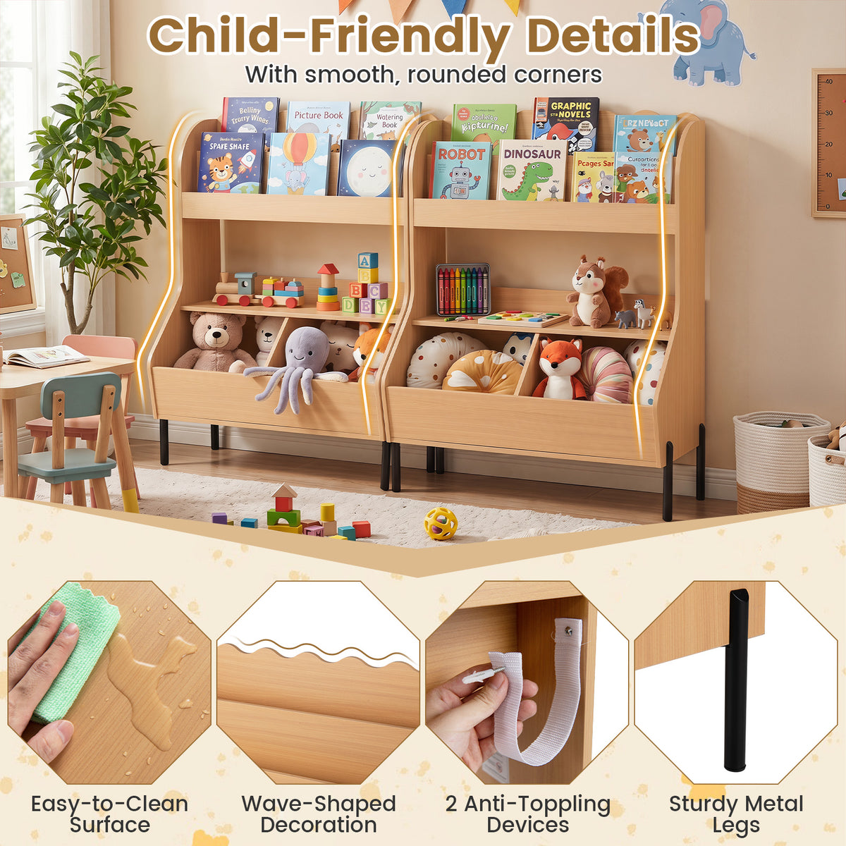Kids Toy Storage Organizer, Wooden Montessori Bookshelf with 2 Storage Bins and Open Shelf
