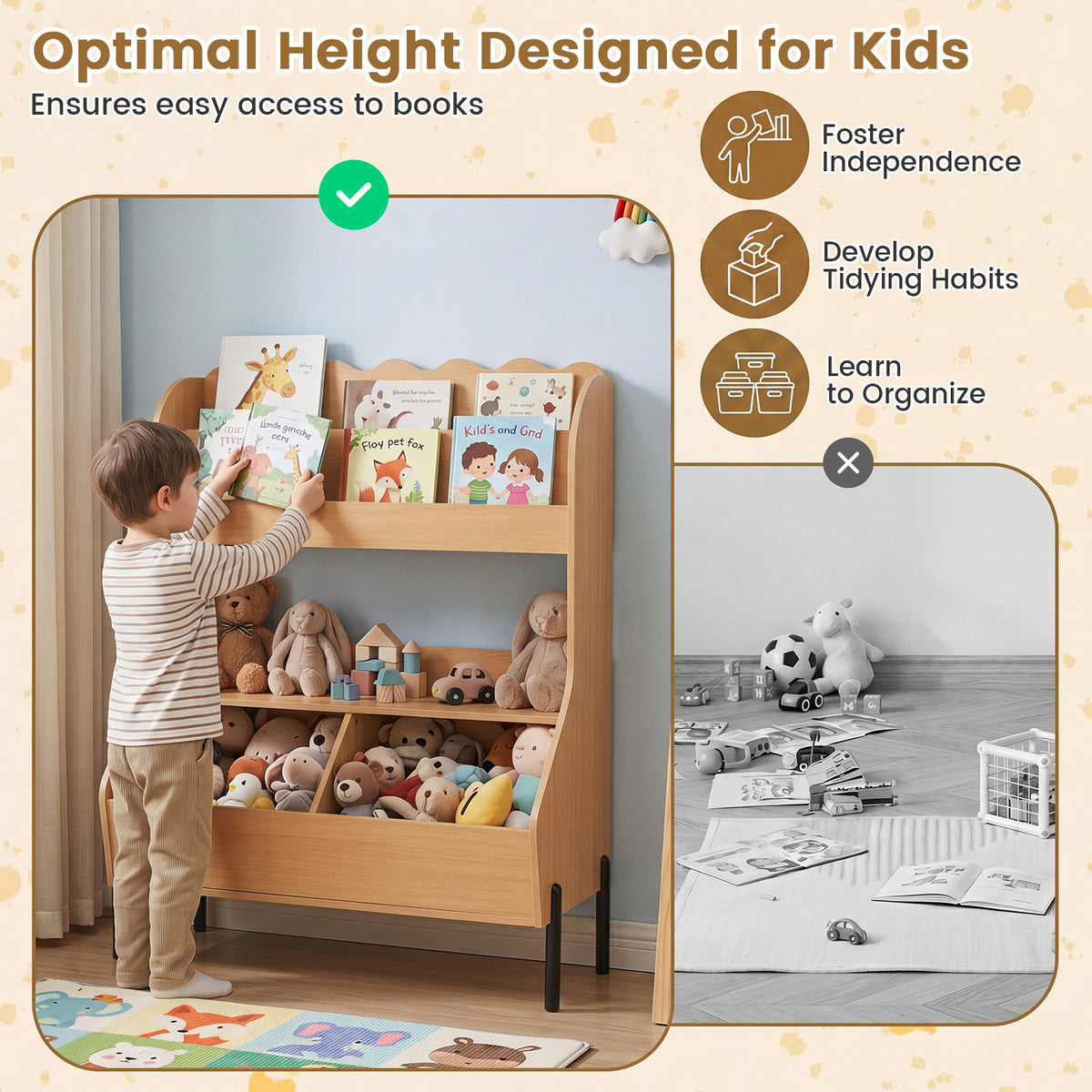 Kids Toy Storage Organizer, Wooden Montessori Bookshelf with 2 Storage Bins and Open Shelf