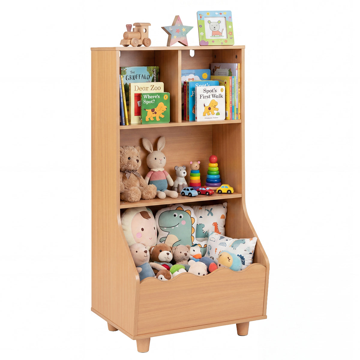Kids Toy Storage Organizer, 3-Tier Wooden Bookshelf with 2 Anti-Toppling Devices, Top Surface