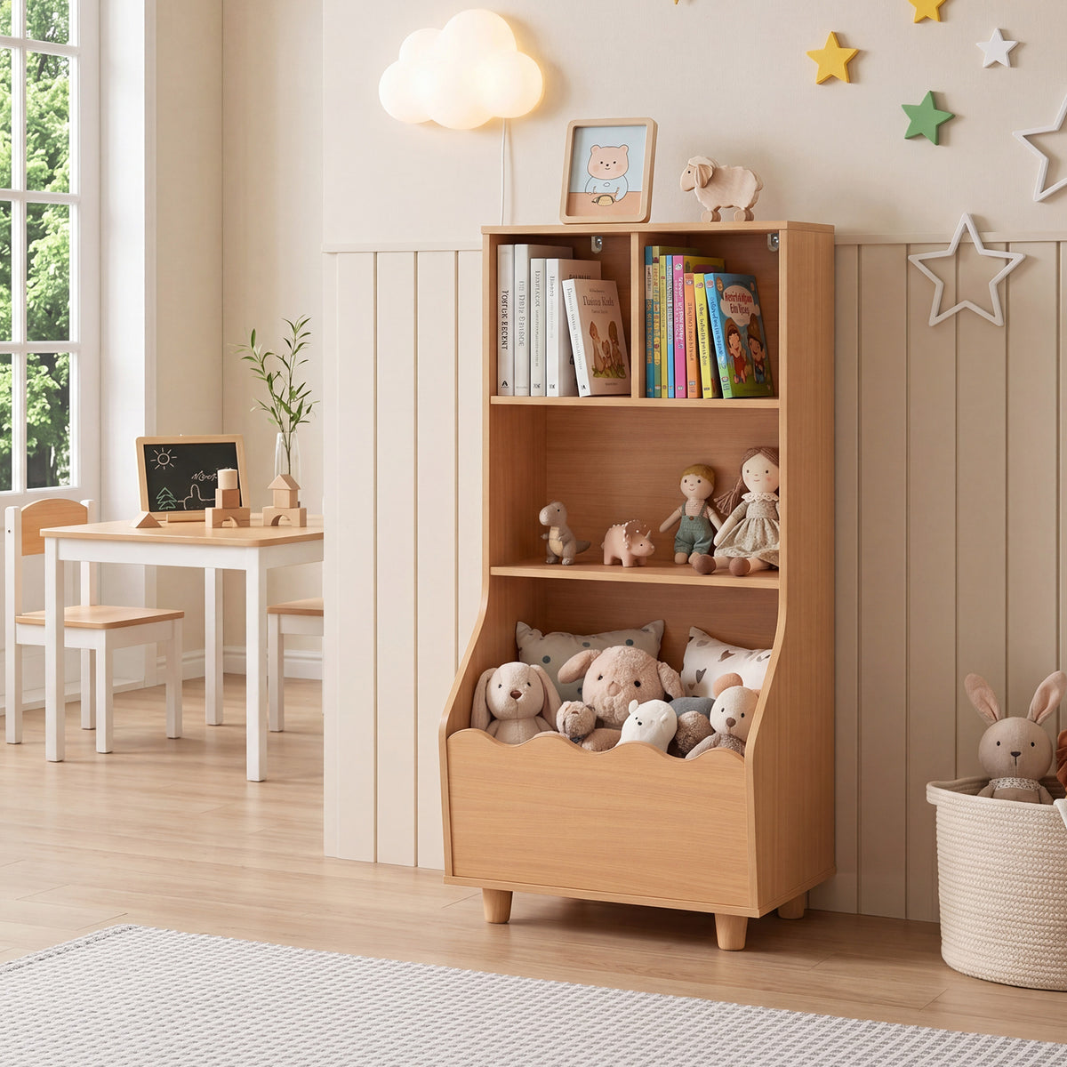 Kids Toy Storage Organizer, 3-Tier Wooden Bookshelf with 2 Anti-Toppling Devices, Top Surface