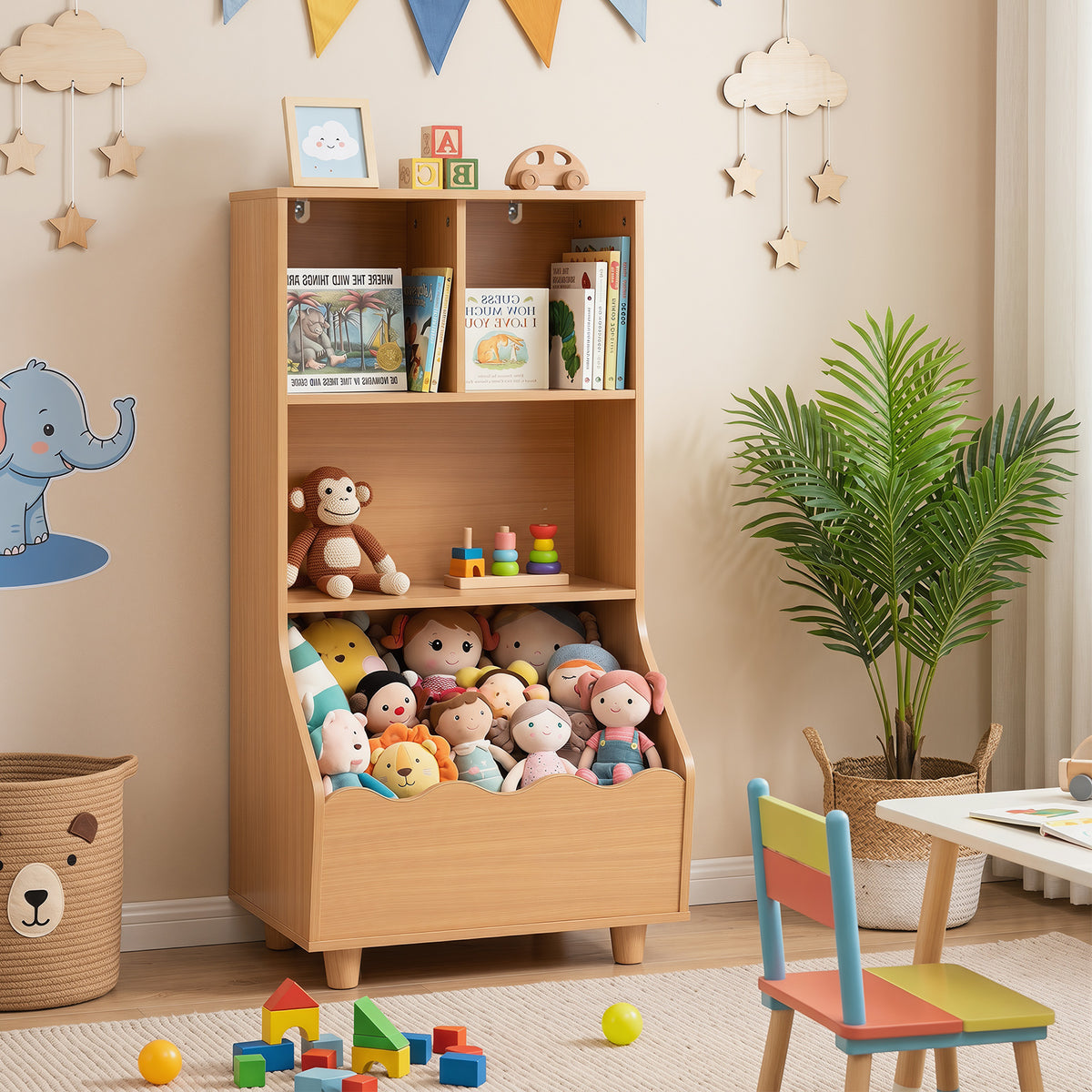 Kids Toy Storage Organizer, 3-Tier Wooden Bookshelf with 2 Anti-Toppling Devices, Top Surface