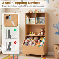 Kids Toy Storage Organizer, 3-Tier Wooden Bookshelf with 2 Anti-Toppling Devices, Top Surface