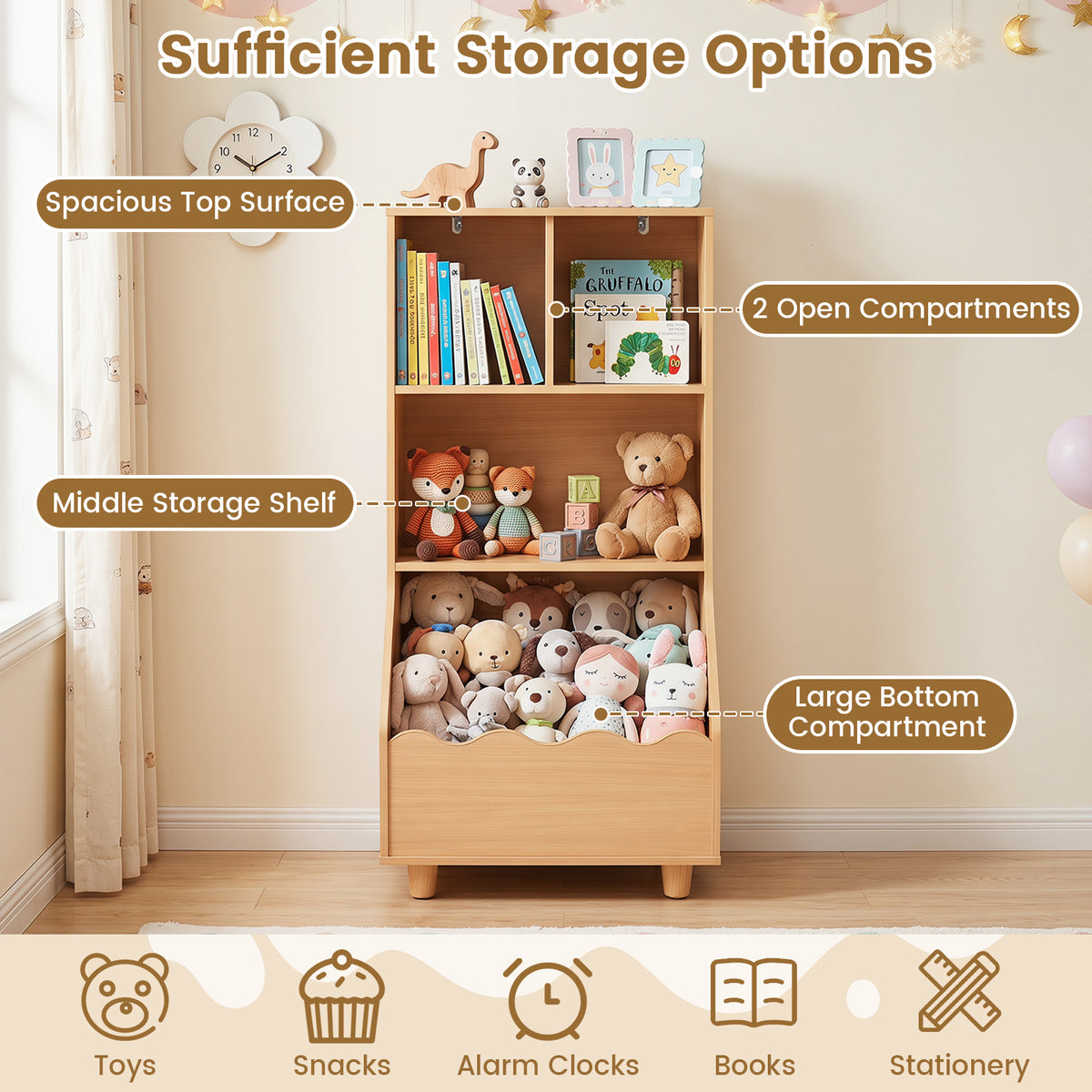 Kids Toy Storage Organizer, 3-Tier Wooden Bookshelf with 2 Anti-Toppling Devices, Top Surface