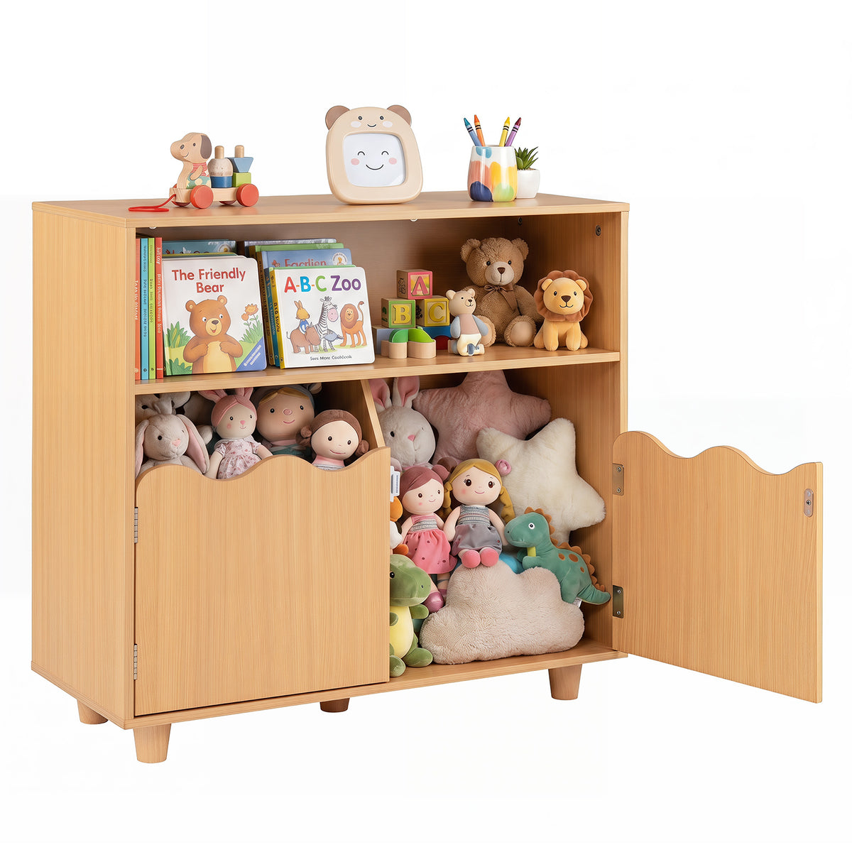 Kids Toy Storage Organizer, Wooden Bookshelf with 2 Anti-Toppling Devices, Top Surface