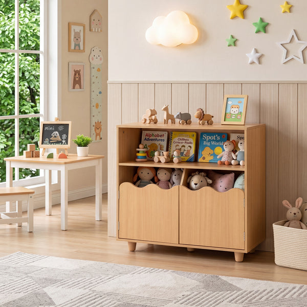 Kids Toy Storage Organizer, Wooden Bookshelf with 2 Anti-Toppling Devices, Top Surface