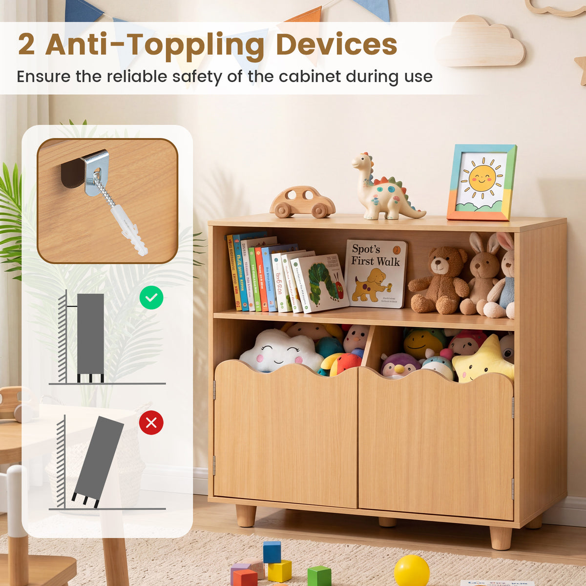 Kids Toy Storage Organizer, Wooden Bookshelf with 2 Anti-Toppling Devices, Top Surface