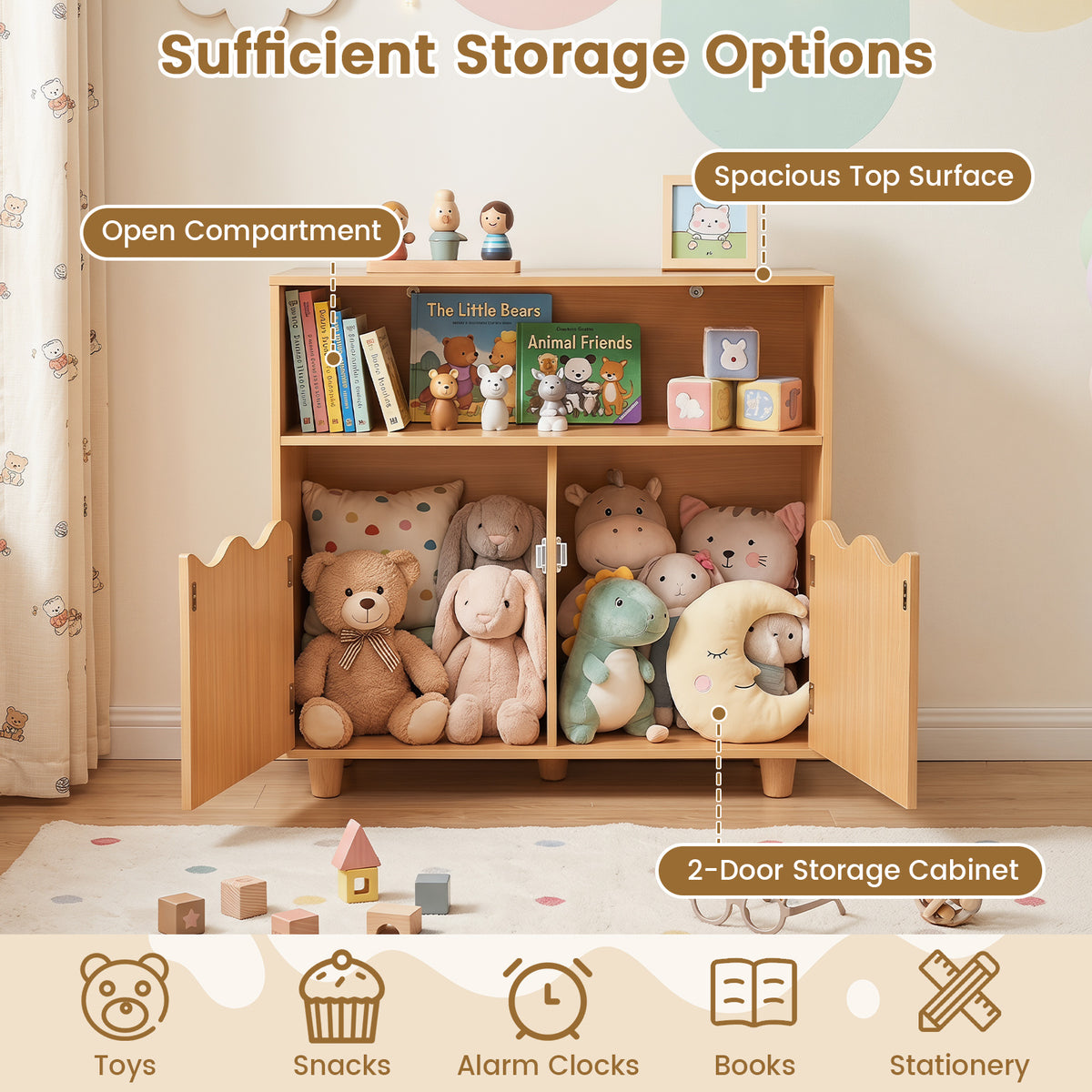 Kids Toy Storage Organizer, Wooden Bookshelf with 2 Anti-Toppling Devices, Top Surface