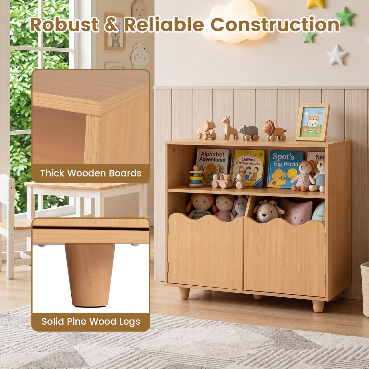 Kids Toy Storage Organizer, Wooden Bookshelf with 2 Anti-Toppling Devices, Top Surface