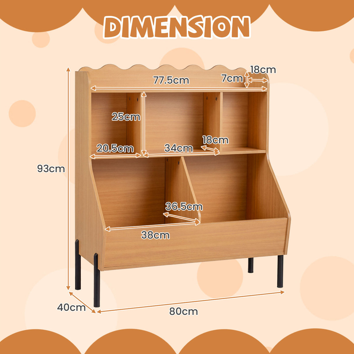 Kids Toy Storage Organizer, Wooden Montessori Bookshelf with 5 Storage Cubes, Toddler Storage Cabinet