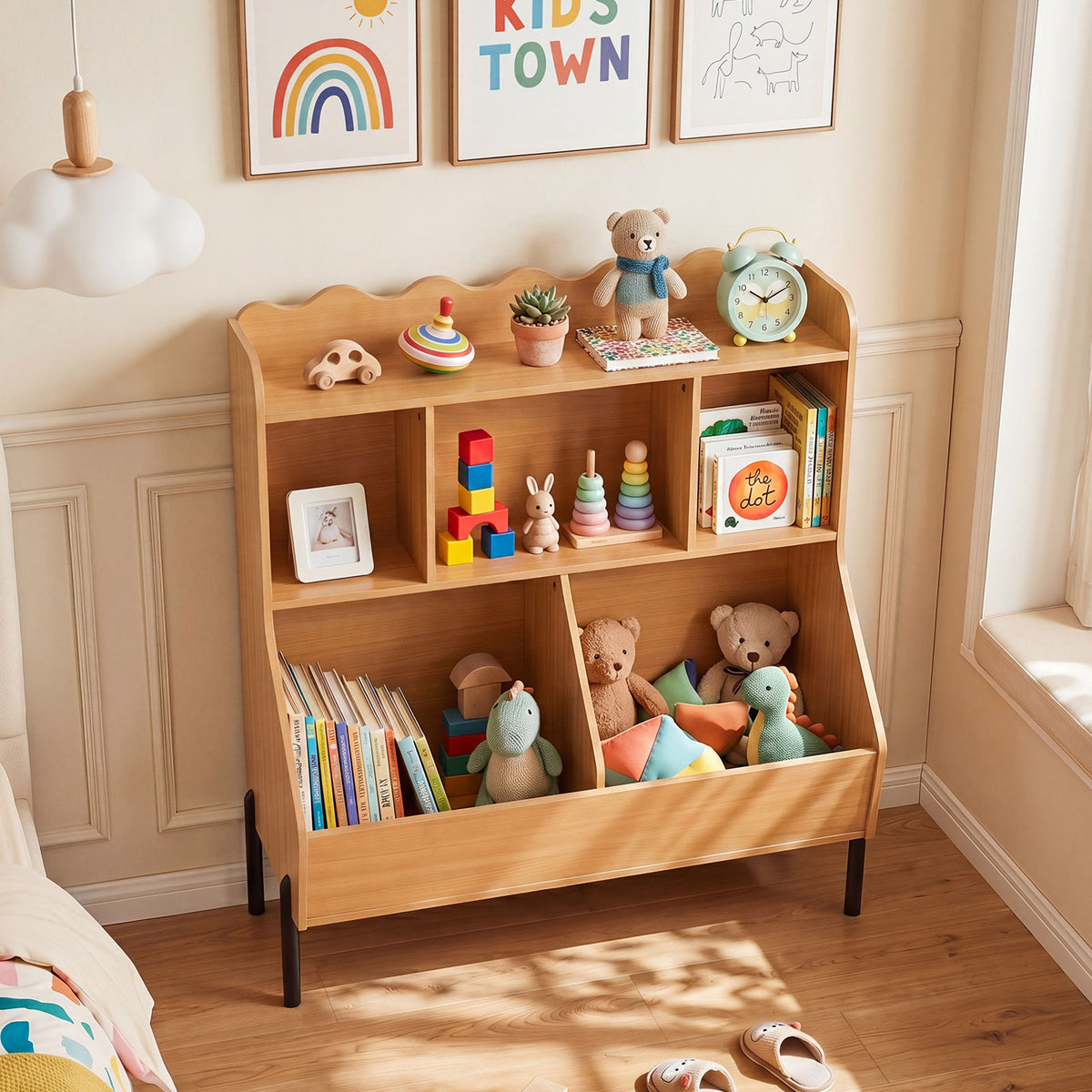 Kids Toy Storage Organizer, Wooden Montessori Bookshelf with 5 Storage Cubes, Toddler Storage Cabinet