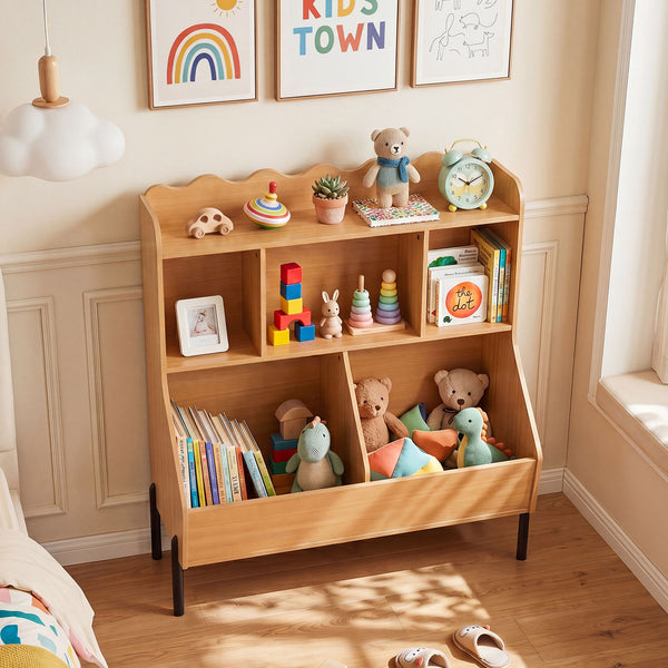 Kids Toy Storage Organizer, Wooden Montessori Bookshelf with 5 Storage Cubes, Toddler Storage Cabinet