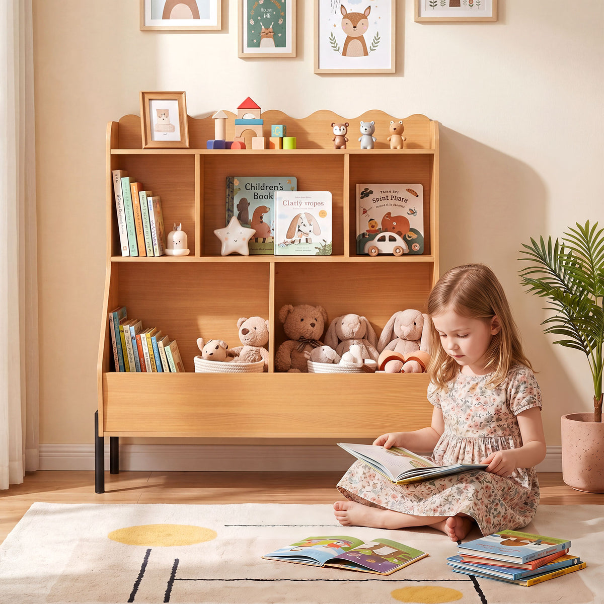 Kids Toy Storage Organizer, Wooden Montessori Bookshelf with 5 Storage Cubes, Toddler Storage Cabinet