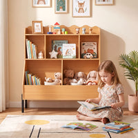 Kids Toy Storage Organizer, Wooden Montessori Bookshelf with 5 Storage Cubes, Toddler Storage Cabinet