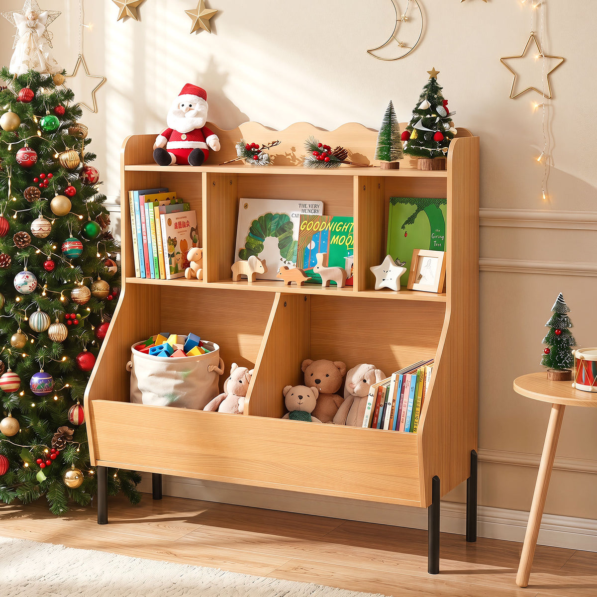 Kids Toy Storage Organizer, Wooden Montessori Bookshelf with 5 Storage Cubes, Toddler Storage Cabinet