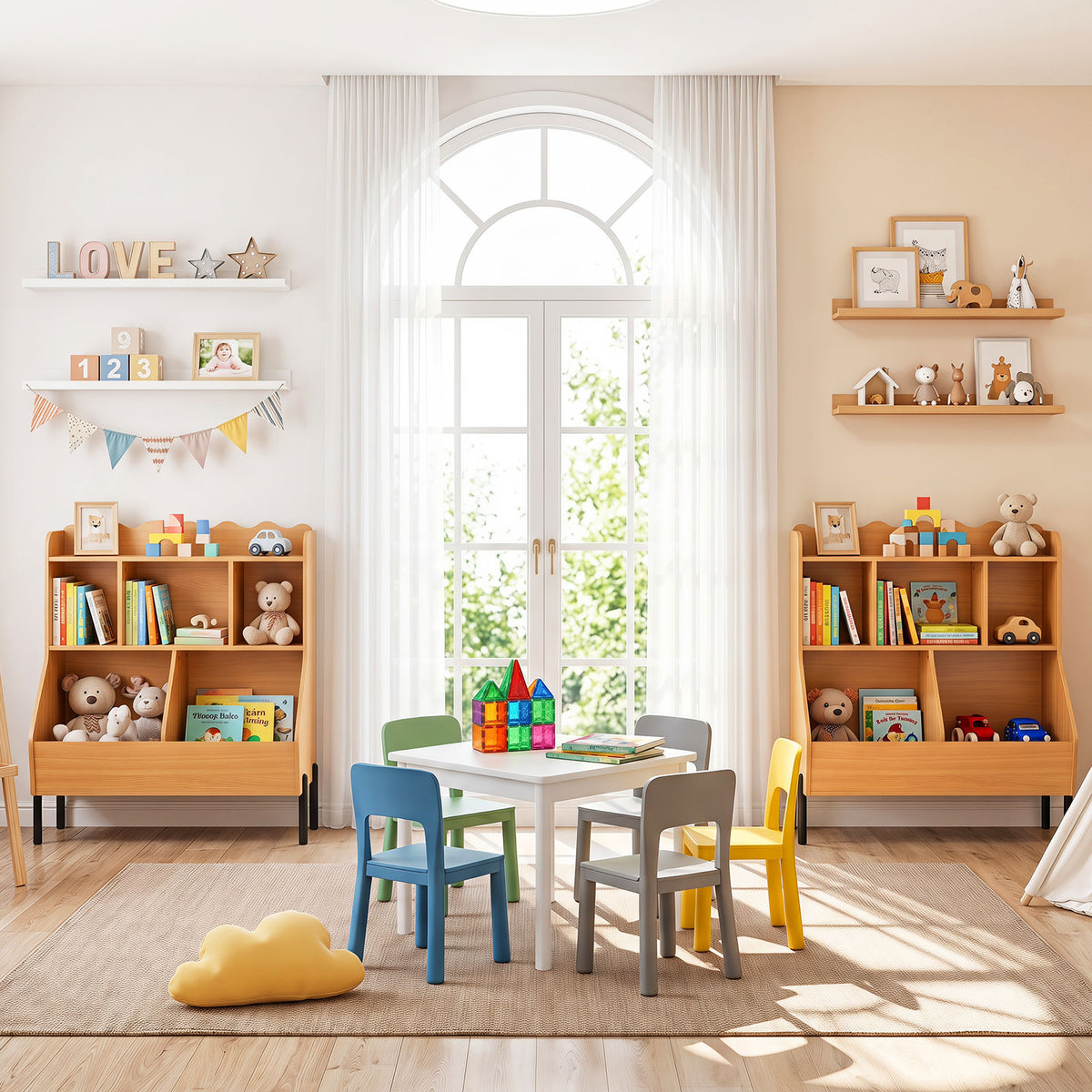 Kids Toy Storage Organizer, Wooden Montessori Bookshelf with 5 Storage Cubes, Toddler Storage Cabinet