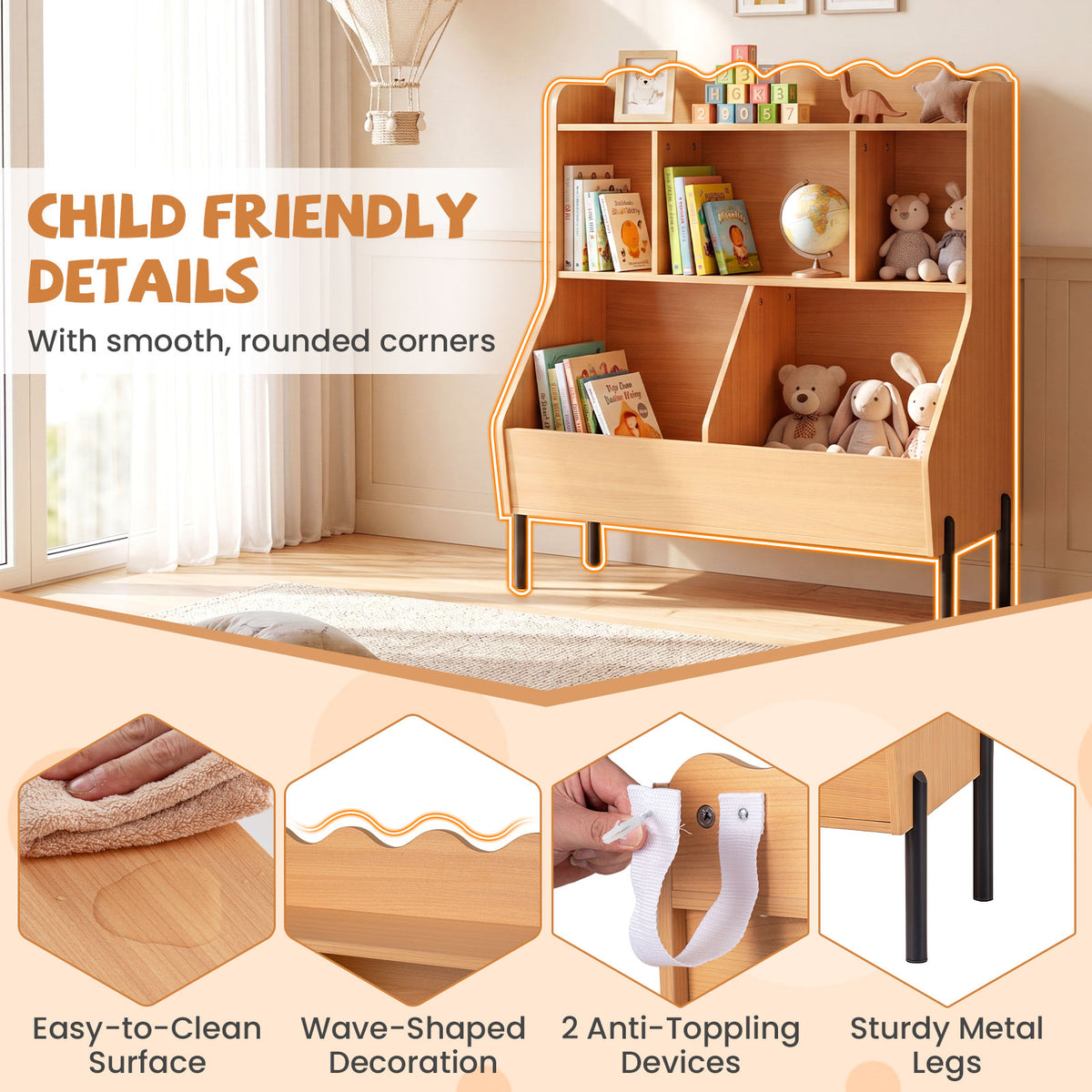 Kids Toy Storage Organizer, Wooden Montessori Bookshelf with 5 Storage Cubes, Toddler Storage Cabinet