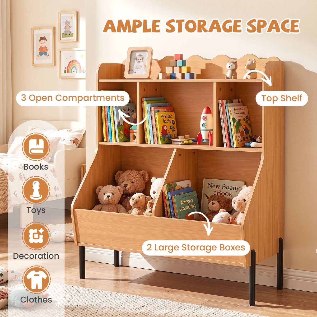 Kids Toy Storage Organizer, Wooden Montessori Bookshelf with 5 Storage Cubes, Toddler Storage Cabinet