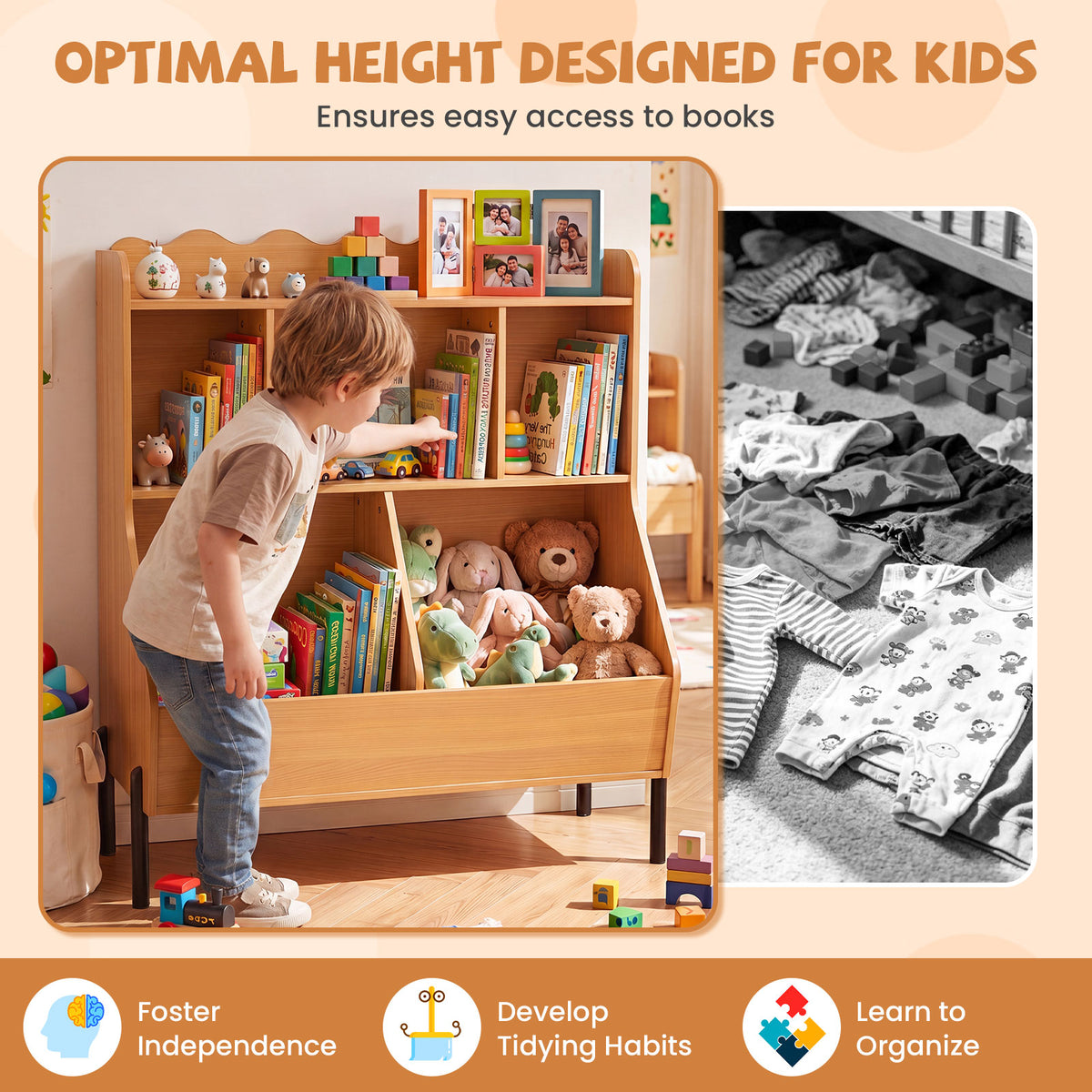 Kids Toy Storage Organizer, Wooden Montessori Bookshelf with 5 Storage Cubes, Toddler Storage Cabinet