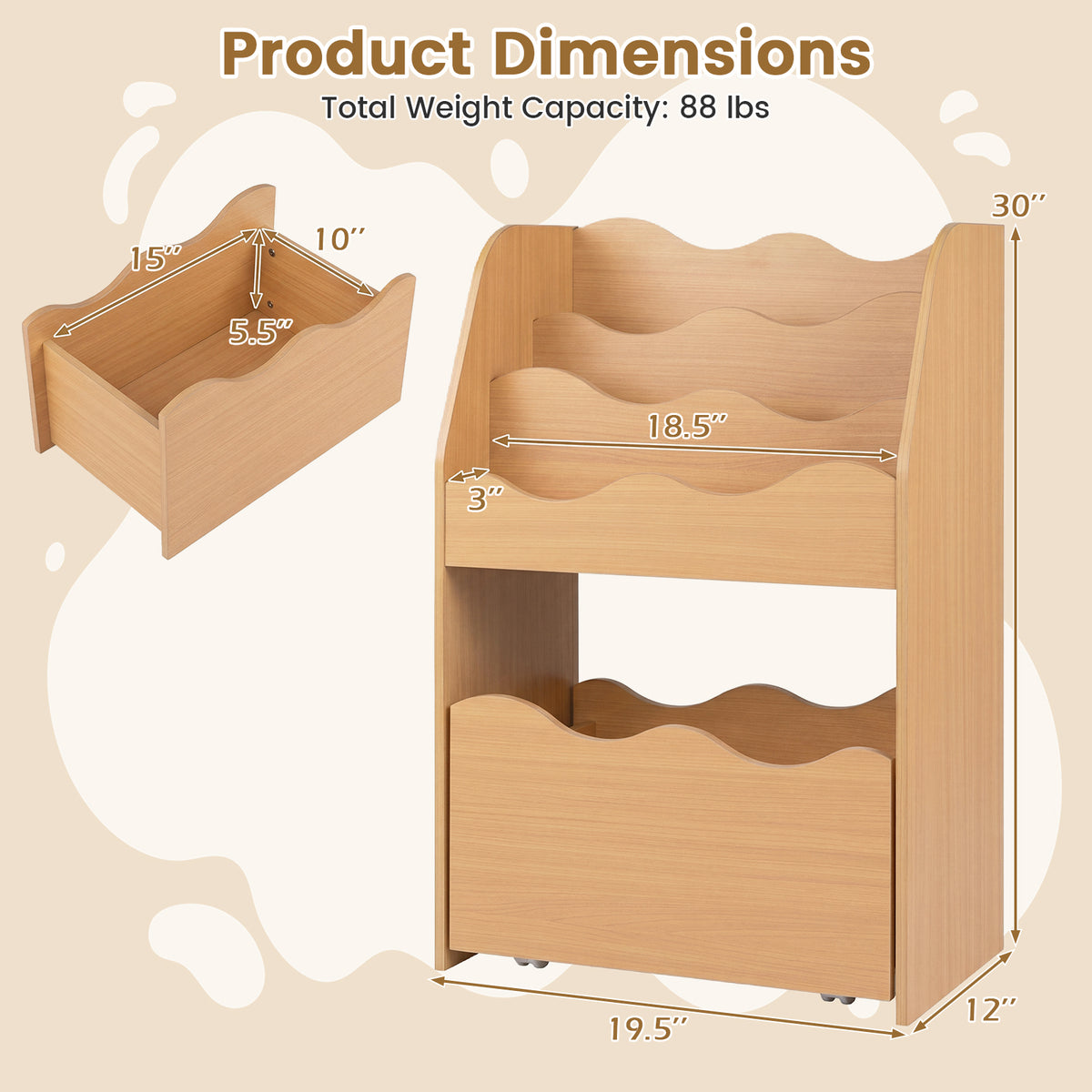 Kids Bookshelf and Toy Storage Organizer, 3-Tier Wooden Kids Book Shelf
