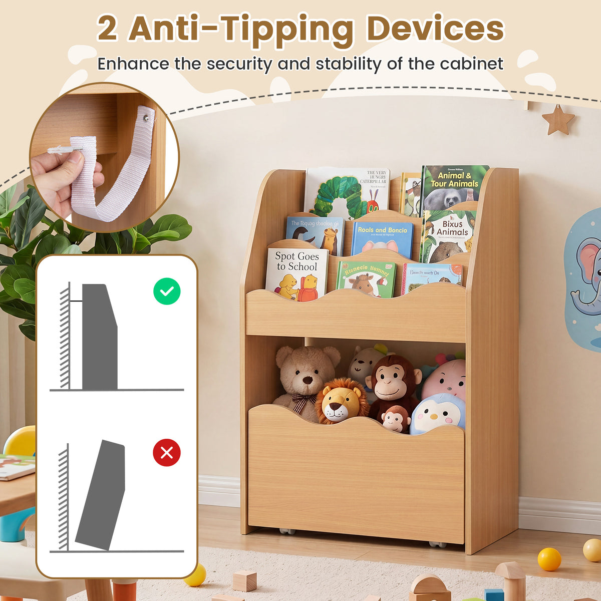 Kids Bookshelf and Toy Storage Organizer, 3-Tier Wooden Kids Book Shelf