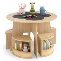 5 PCS Kids Table and Chair Set with 4 Storage Stools and Blackboard