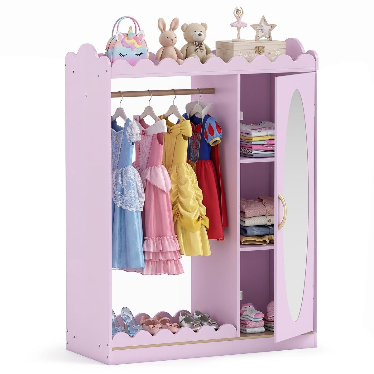 Kids Dress Up Storage Shelf with Full Mirror Hanging Rod and Door Cabinet