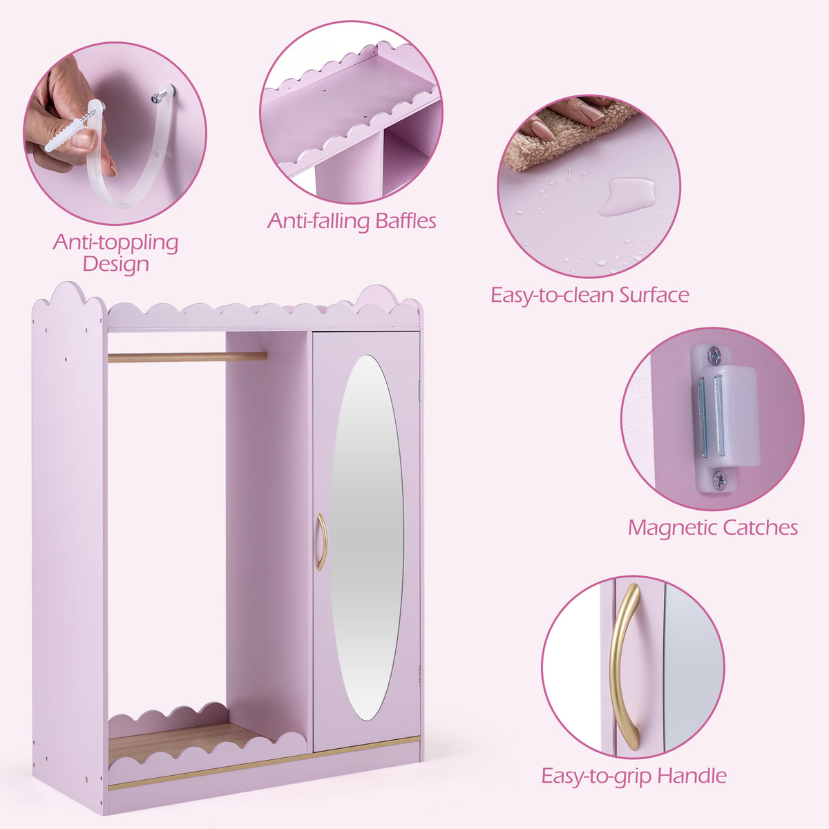 Kids Dress Up Storage Shelf with Full Mirror Hanging Rod and Door Cabinet