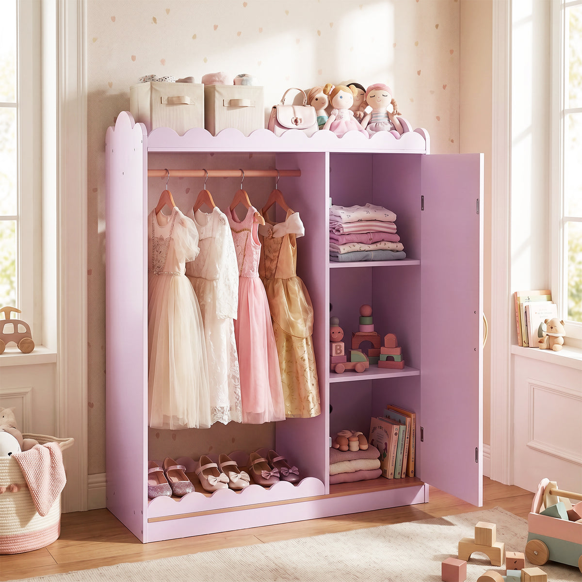 Kids Dress Up Storage Shelf with Full Mirror Hanging Rod and Door Cabinet