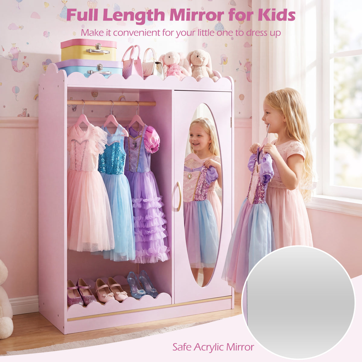 Kids Dress Up Storage Shelf with Full Mirror Hanging Rod and Door Cabinet