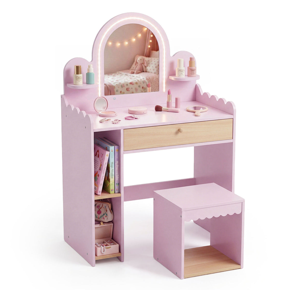 Kids Vanity with Lights, Pretend Makeup Dressing Table Set