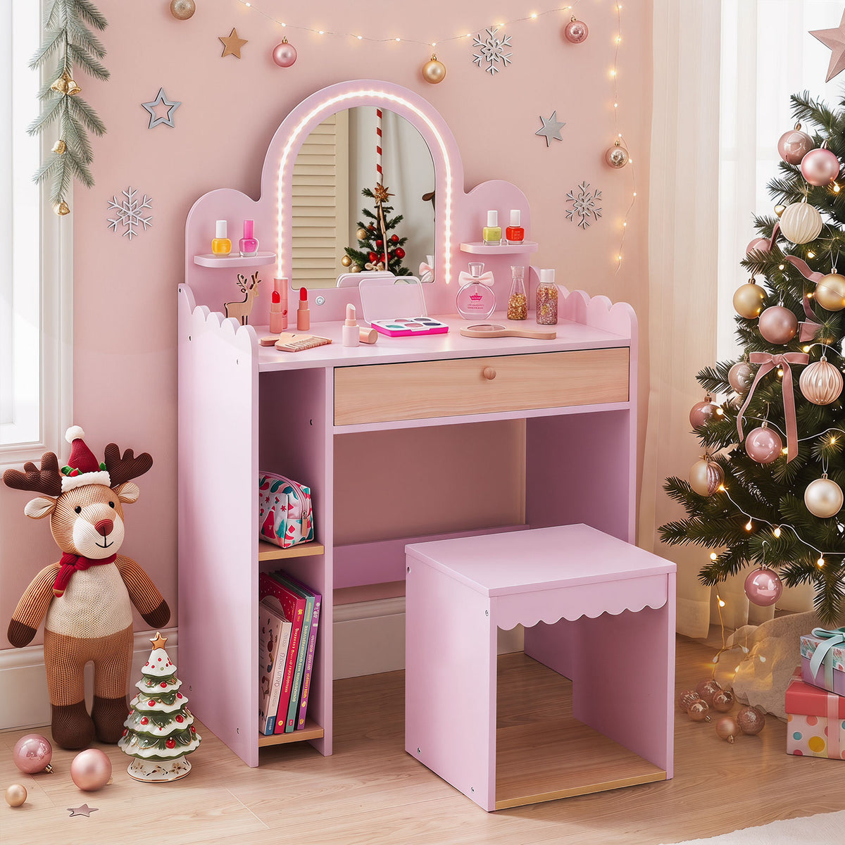 Kids Vanity with Lights, Pretend Makeup Dressing Table Set