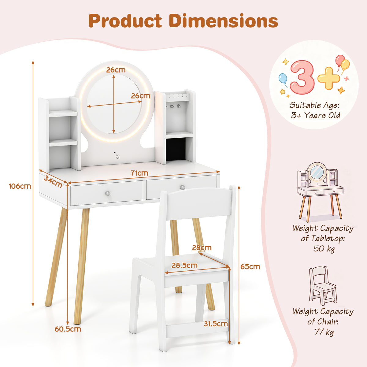 Kids Vanity Set with Lights, Princess Vanity Desk Set with LED Lighted Mirror