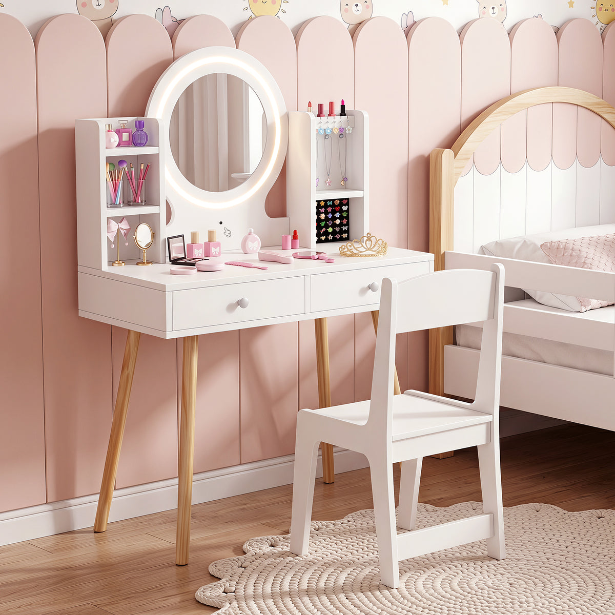 Kids Vanity Set with Lights, Princess Vanity Desk Set with LED Lighted Mirror