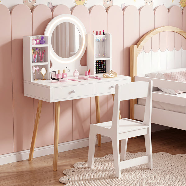 Kids Vanity Set with Lights, Princess Vanity Desk Set with LED Lighted Mirror