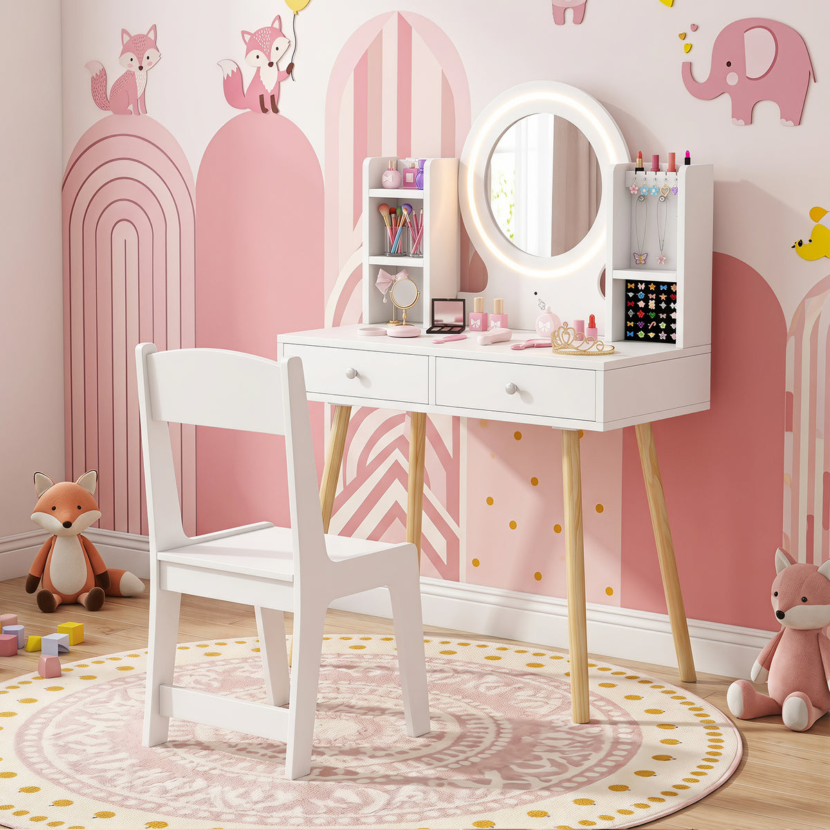Kids Vanity Set with Lights, Princess Vanity Desk Set with LED Lighted Mirror